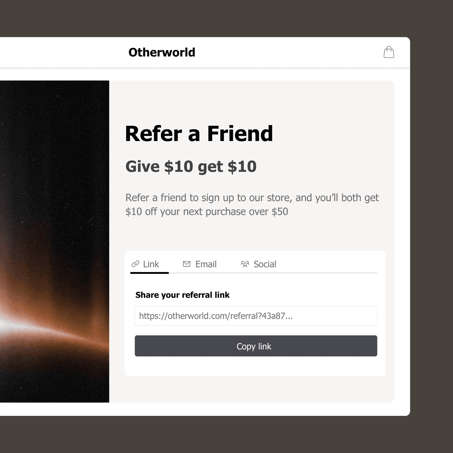 Referral widget showing Give $10 get $10 promotion
