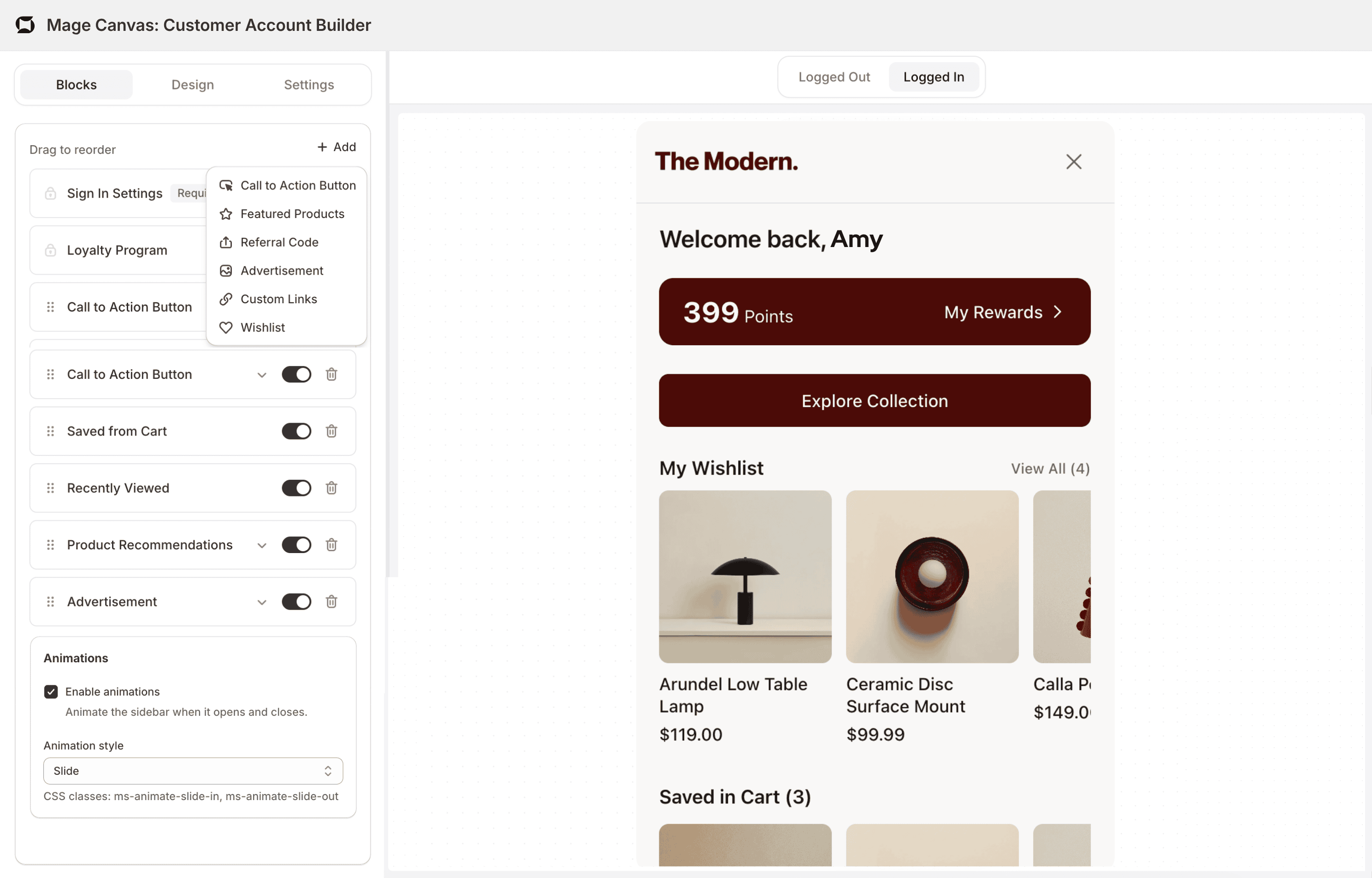Mage Accounts on-site sidebar showing orders, returns, and loyalty