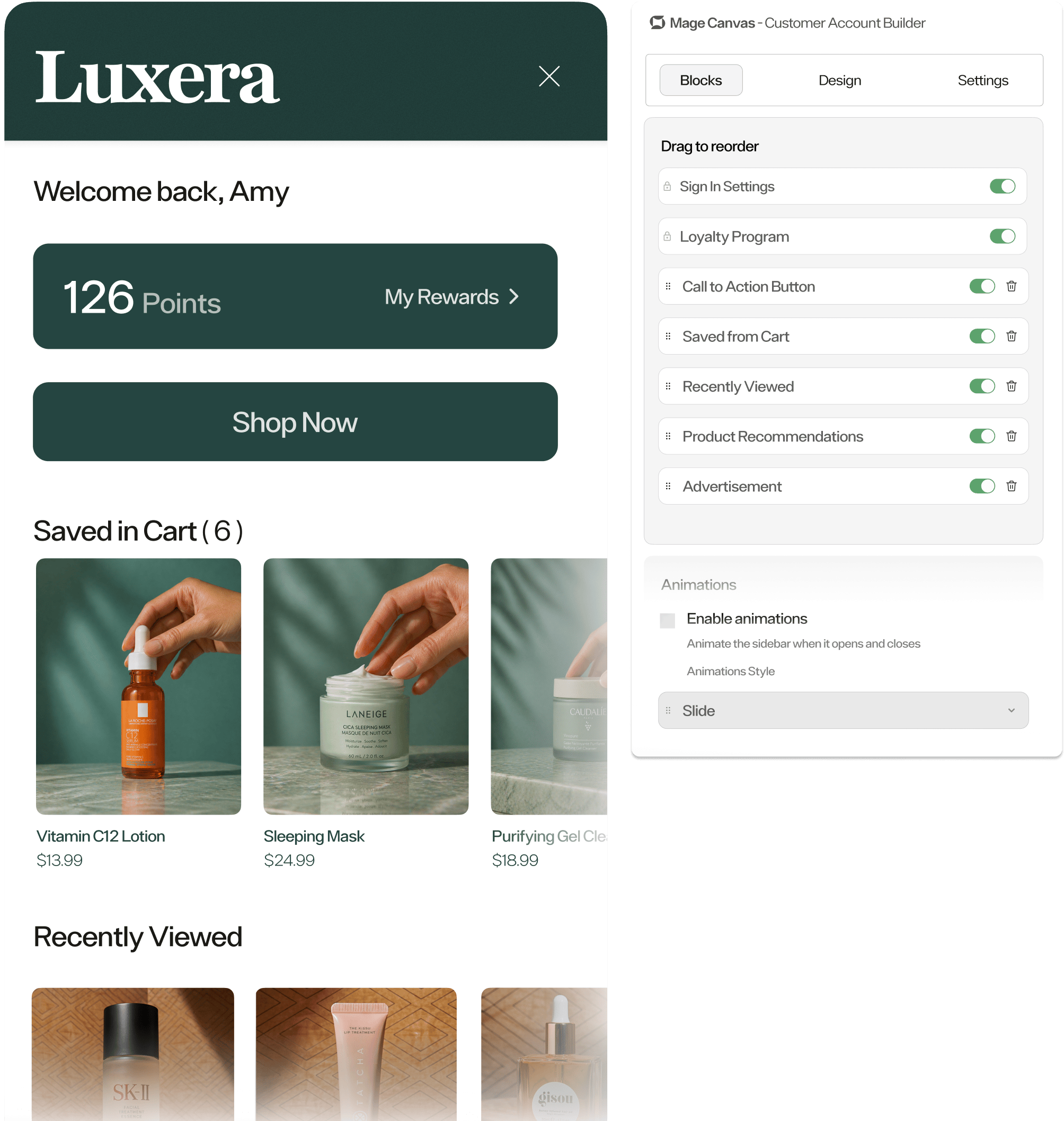 Customer account portal showing personalized dashboard