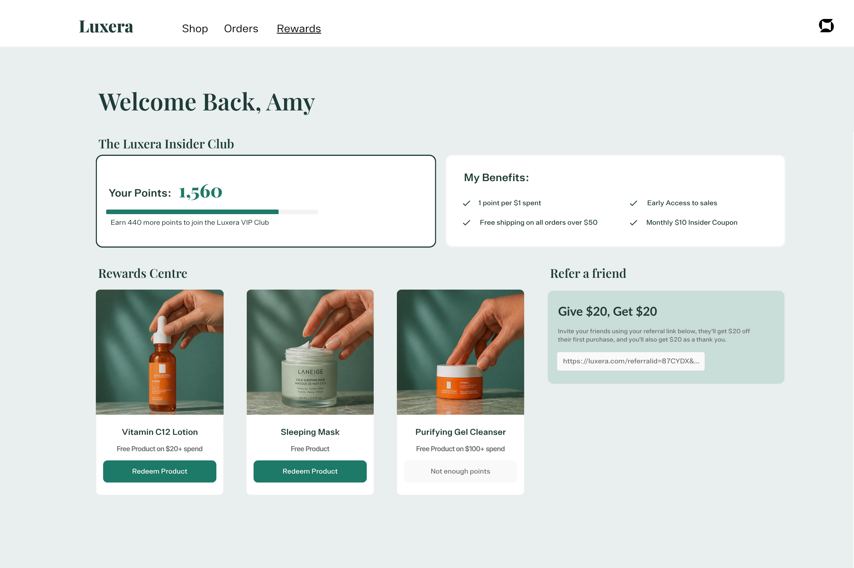 Loyalty program dashboard showing points and rewards